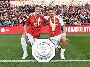 Arsenal's Holding and Tierney Celebrate at 2023 Community Shield Win Against Manchester City