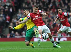 Arsenal V Norwich City 2012-13 Prints: Arsenal's Jack Wilshere Faces Off Against Norwich's Bradley Johnson in Premier League Clash