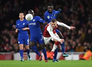 Images Dated 24th January 2018: Arsenal's Jack Wilshere Fouls by Chelsea's Kante and Bakayoko in Carabao Cup Semi-Final Clash