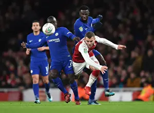 Arsenal V Chelsea - Carabao Cup 2017-18 Prints: Arsenal's Jack Wilshere Fouls by Chelsea's Kante and Bakayoko in Carabao Cup Semi-Final Clash