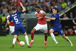 Arsenal V Chelsea Europa League Cup Final 2019 Prints: Arsenal's Joe Willock Clashes with Chelsea's Jorginho and Andreas Christensen in the Europa League Final