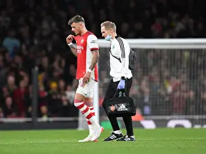 Arsenal's Jordan Reece Tends to Injured Ben White vs Leeds United in Carabao Cup