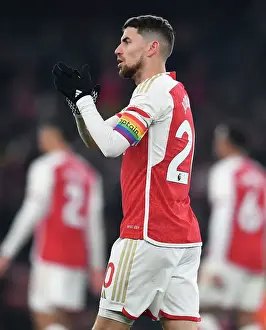Arsenal's Jorginho Celebrates with Fans after Arsenal v Wolverhampton Wanderers in 2023-24 Premier League