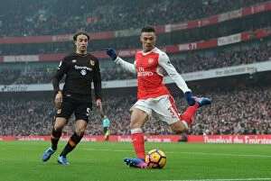 Images Dated 11th February 2017: Arsenal's Kieran Gibbs Battles Lazar Markovic of Hull City in Premier League Clash at Emirates