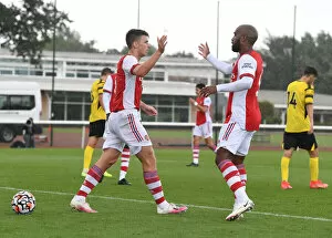 Images Dated 28th July 2021: Arsenal's Kieran Tierney and Alex Lacazette Celebrate Goal in Arsenal v Watford Pre-Season