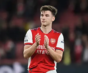Arsenal's Kieran Tierney Applauding Fans after Arsenal v West Ham United, Premier League 2021-22