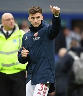 Everton v Arsenal 2022-23 Collection: Arsenal's Kieran Tierney Applauding Fans after Everton Victory - Premier League 2022-23