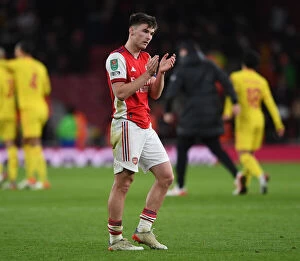 Arsenal v Liverpool Carabao Cup 2021-22 Collection: Arsenal's Kieran Tierney Celebrates Carabao Cup Semi-Final Victory Over Liverpool