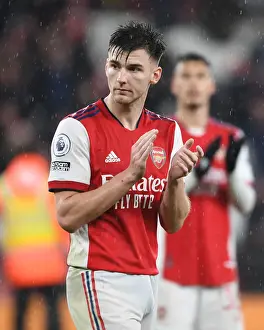 Arsenal's Kieran Tierney Celebrates with Fans after Arsenal v Southampton Win
