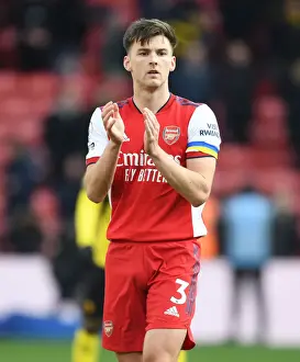 Watford V Arsenal 2021-22 Prints: Arsenal's Kieran Tierney Celebrates with Fans after Watford Victory
