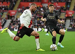 Arsenal's Kieran Tierney Closes Down Southampton's Lyanco in 2022-23 Premier League Clash