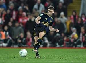 Liverpool v Arsenal - Carabao Cup 2019-20 Collection: Arsenal's Kieran Tierney Faces Off Against Liverpool in Carabao Cup Showdown