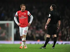 Arsenal V Swansea City 2013-14 Prints: Arsenal's Kim Kallstrom Argues with Referee Lee Probert During Arsenal v Swansea City Match