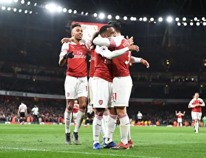 Arsenal's Lacazette, Aubameyang, and Kolasinac Celebrate Goals Against Newcastle United (April 2019)
