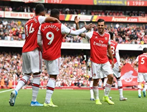 Arsenal v Burnley 2019-20 Collection: Arsenal's Lacazette, Aubameyang, and Ceballos Celebrate First Goal vs. Burnley (2019-20)