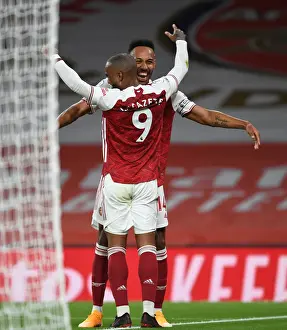 Arsenal's Lacazette and Aubameyang Celebrate Goal Against West Ham in Premier League (2020-21)