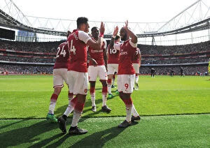 Arsenal v West Ham United 2017-18 Collection: Arsenal's Lacazette and Aubameyang Celebrate Goals Against West Ham, April 2018
