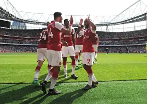 Arsenal V West Ham United 2017-18 Prints: Arsenal's Lacazette and Aubameyang Celebrate Goals Against West Ham, April 2018