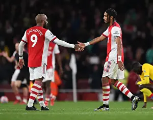Arsenal V Crystal Palace 2021-22 Prints: Arsenal's Lacazette and Aubameyang Share a Moment after Arsenal vs Crystal Palace (2021-22)