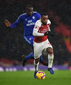 Arsenal V Cardiff City 2018-19 Prints: Arsenal's Lacazette Clashes with Cardiff's Bamba in Premier League Showdown