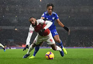 Arsenal V Cardiff City 2018-19 Prints: Arsenal's Lacazette Clashes with Cardiff's Reid in Premier League Showdown