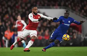 Arsenal V Chelsea 2017-18 Prints: Arsenal's Lacazette Clashes with Chelsea's Kante in Premier League Showdown
