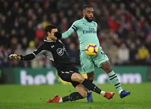 Southampton V Arsenal 2018-19 Prints: Arsenal's Lacazette Closes In on Southampton's McCarthy in Premier League Showdown