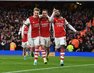 Arsenal's Lacazette, Odegaard, and Cedric Celebrate Goals Against Leicester City (2021-22)