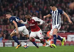 Arsenal V West Bromwich Albion 2017-18 Prints: Arsenal's Lacazette Tripped by Evans and Barry in Premier League Clash vs