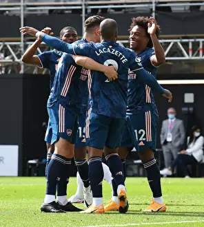 Arsenal's Lacazette, Xhaka, and Willian: Triumphant Goal Celebration in Arsenal vs Fulham, Premier League 2020-21