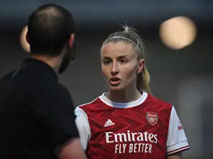 Arsenal Women V West Ham United Women 2020-21 Prints: Arsenal's Leah Williamson Engages with Assistant Referee Amid Empty Meadow Park (FA WSL 2021)