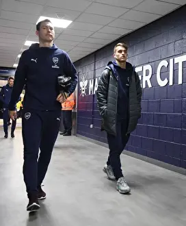 Manchester City V Arsenal 2018-19 Prints: Arsenal's Lichtsteiner and Suarez Arrive at Etihad Stadium for Manchester City vs Arsenal (2018-19)