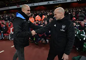 Arsenal V Manchester City 2019-20 Prints: Arsenal's Ljungberg and Guardiola Share a Pre-Match Handshake Ahead of Arsenal vs