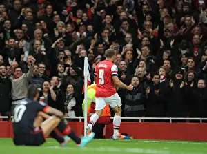 Arsenal V Olympiacos 2012-13 Prints: Arsenal's Lukas Podolski Scores Second Goal Against Olympiacos in UEFA Champions League: Arsenal 3-1