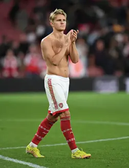 Arsenal's Martin Odegaard Celebrates with Fans after Arsenal v Aston Villa Win, 2022-23 Premier League