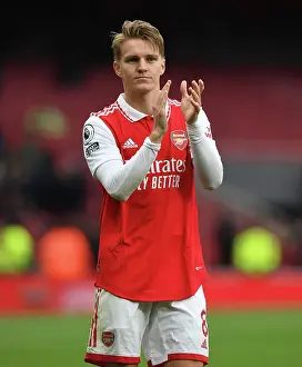 Arsenal's Martin Odegaard Celebrates with Fans after Arsenal v Leeds United Win, Premier League 2022-23