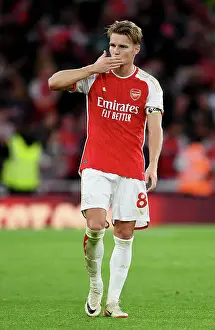 Arsenal's Martin Odegaard Celebrates with Fans after Arsenal v Manchester City, 2023-24 Premier League