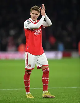 Arsenal's Martin Odegaard Celebrates with Fans after Arsenal vs Manchester United Win, Premier League 2022-23
