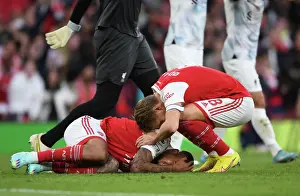 Arsenal's Martin Odegaard Comforts Injured Gabriel Jesus during Arsenal vs Liverpool (2022-23)