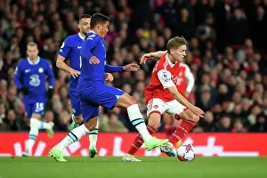 Arsenal V Chelsea 2022-23 Prints: Arsenal's Martin Odegaard Faces Off Against Chelsea's Thiago Silva in Intense Premier League Clash