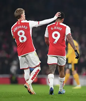 Arsenal's Martin Odegaard and Gabriel Jesus in Action against Wolverhampton Wanderers, 2023-24 Premier League