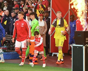 Images Dated 3rd May 2023: Arsenal's Martin Odegaard Meets the Mascot Before Arsenal vs. Chelsea Showdown (2022-2023)