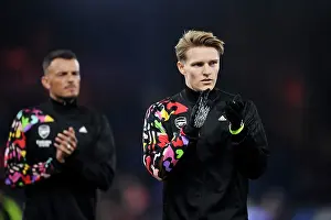 Arsenal's Martin Odegaard Warming Up Ahead of Luton Town Clash (2023-24)