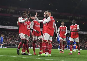 Arsenal's Martinelli, Nketiah, and Zinchenko Celebrate Goals Against Everton in Premier League Showdown (2022-23)