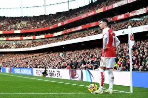 Arsenal's Martinelli Readies Corner Kick Against Brighton in 2023-24 Premier League