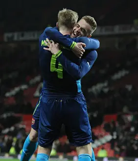 Manchester United V Arsenal 2014-15 Prints: Arsenal's Per Mertesacker and Calum Chambers Celebrate FA Cup Quarterfinal Victory over Manchester United