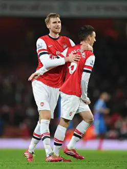 Arsenal V Hull City 2013-14 Prints: Arsenal's Mertesacker and Koscielny Celebrate Premier League Victory over Hull City