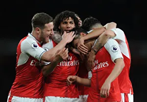 Arsenal's Mesut Ozil, Mohamed Elneny, and Shkodran Mustafi Celebrate Goal vs West Ham United (2016-17)