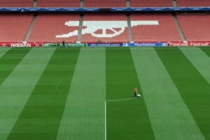 Images Dated 27th August 2014: Arsenal's Meticulously Marked Emirates Stadium Pitch: Readying for Champions League