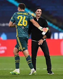 Arsenal V Manchester City - FA Cup Semi-Final 2019-20 Prints: Arsenal's Mikel Arteta Celebrates FA Cup Semi-Final Victory with Emi Martinez